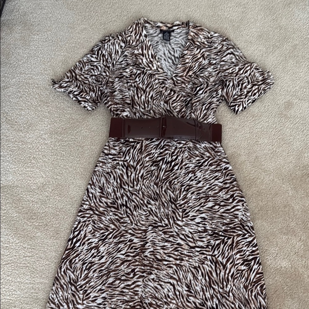 Spense Brown and White A-line Midi Dress with V-neck